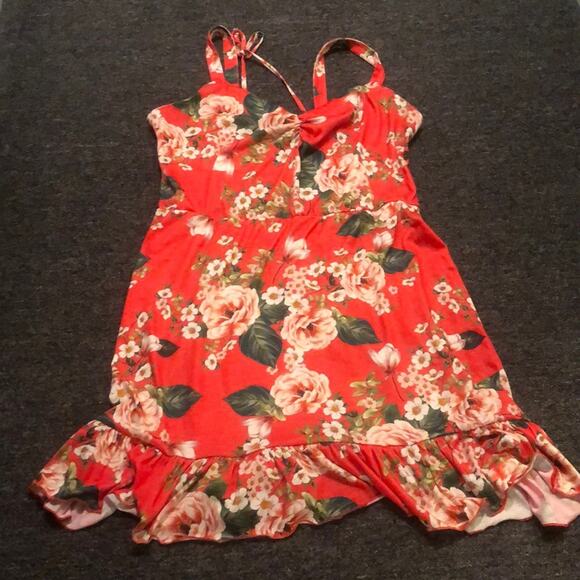 ASOS Mini Sundress With Lace-Up Back and Peplum Hem Red Floral 14 - Picture 1 of 7